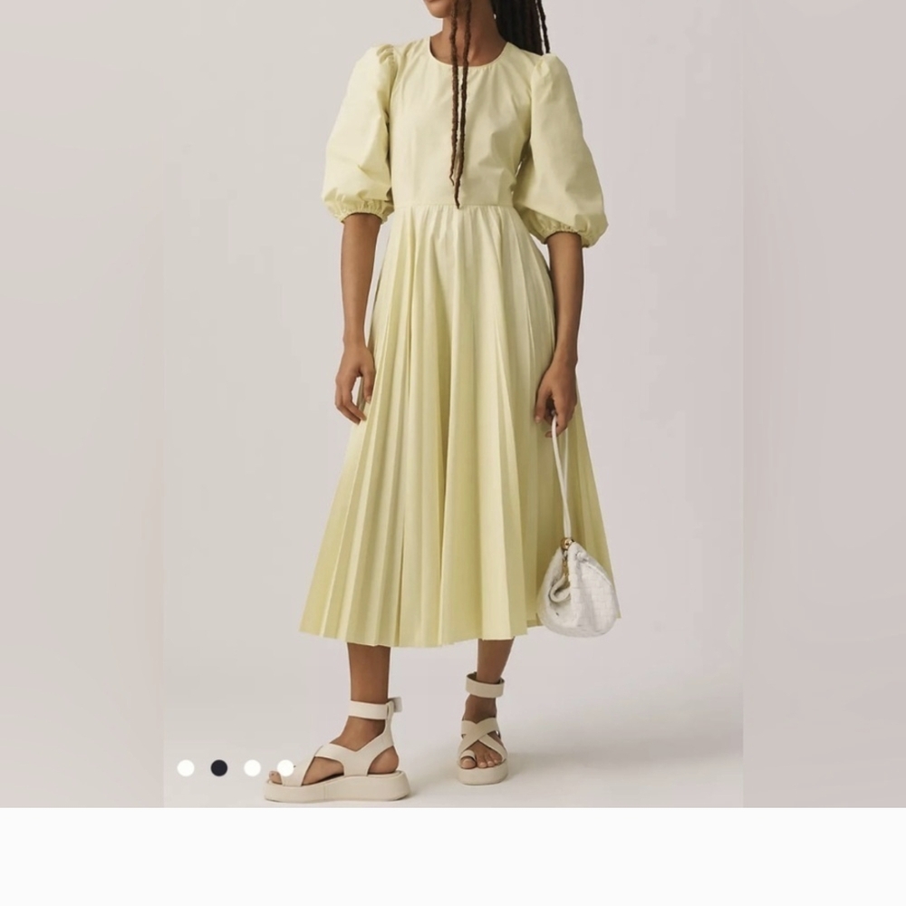 Beatrice By Anthropologie Yellow Dress With Hand Pleated Bottom And Puff Sleeves